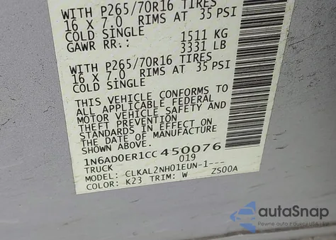 2012 Nissan Frontier Sv z USA, uszkodzony, nr VIN 1N6AD0ER1CC450076